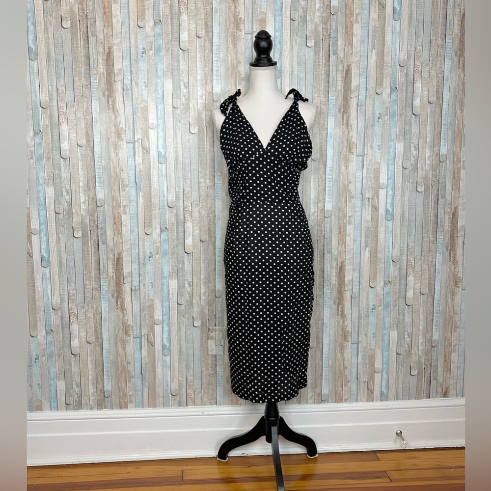 Dixiefried XL Retro Polka Dot Tie Shoulder Midi Wiggle Sheath Dress Pinup Girl - Picture 2 of 7